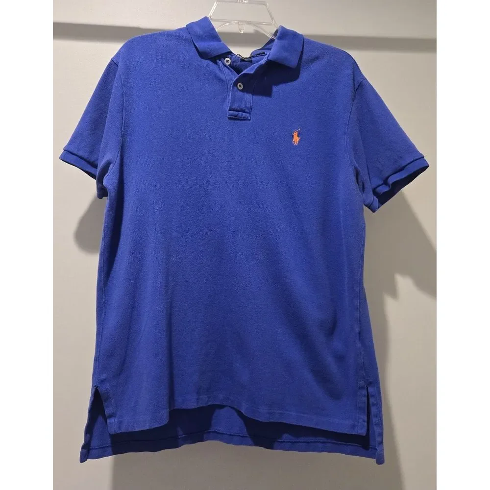 Polo Ralph Lauren Custom Fit Men's Large Short Sleeve Blue‎ Shirt Orange Pony